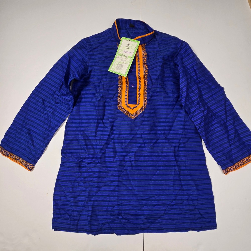 Vintage Aarong Bangladesh Boy Kurta Silk Cotton Blend Blue Orange Embroidered